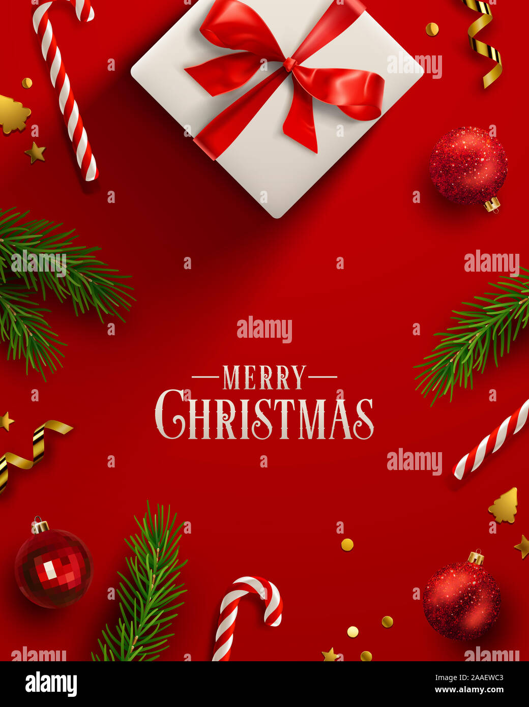 Rosso sfondo di Natale, banner, telaio, Intestazione di sfondo o biglietto di auguri design con decorazioni di Natale compreso baubles confezione regalo, abete il taglio Foto Stock