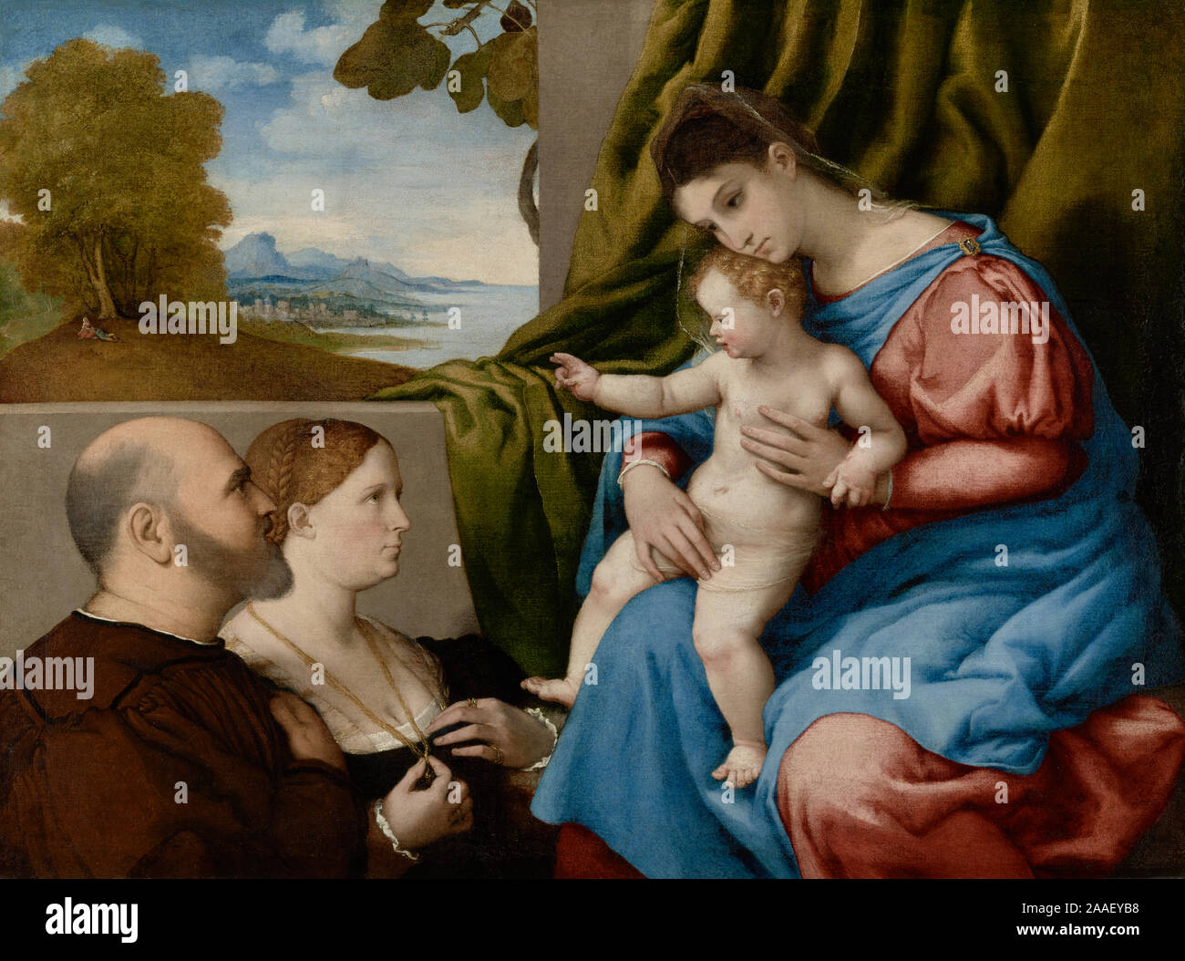Madonna con il Bambino e due donatori; Lorenzo Lotto (Italiano (Veneto), circa 1480 - 1556); circa 1525-1530; Olio su tela; 87,6 × 118,1 cm (34 1/2 × 46 1/2 in.) Foto Stock
