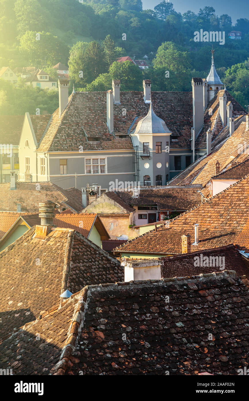 Mattina sui tetti della città vecchia di Sighisoara, Transilvania Foto Stock