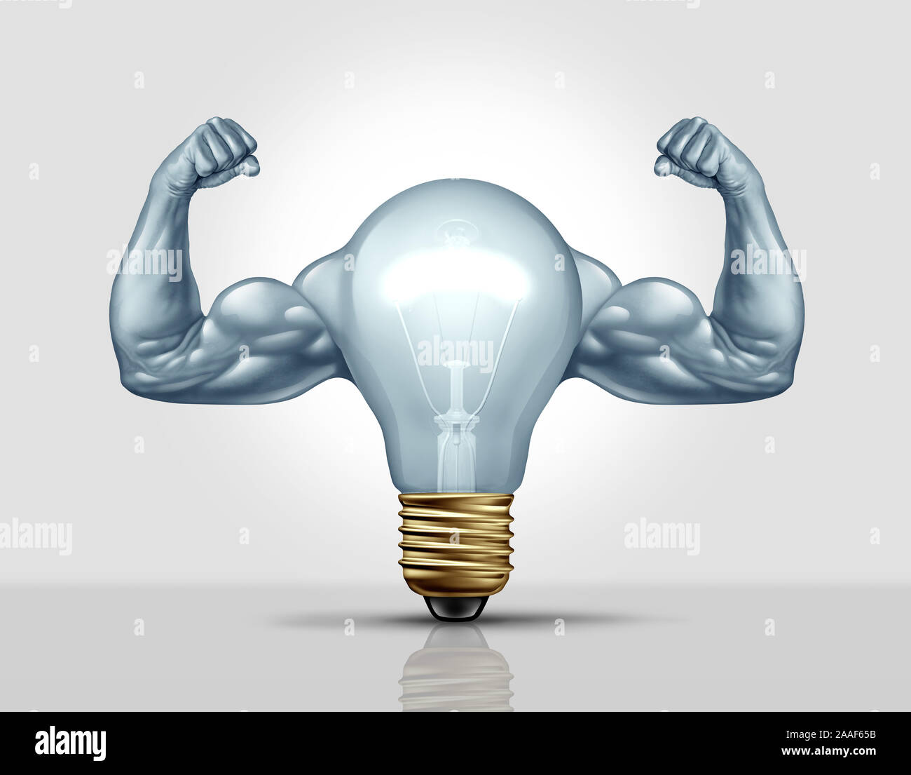 Idea potente e forte le idee creative metafora e la creatività imprenditoriale resistenza come una lampadina o lampadina con muscoli come un simbolo. Foto Stock