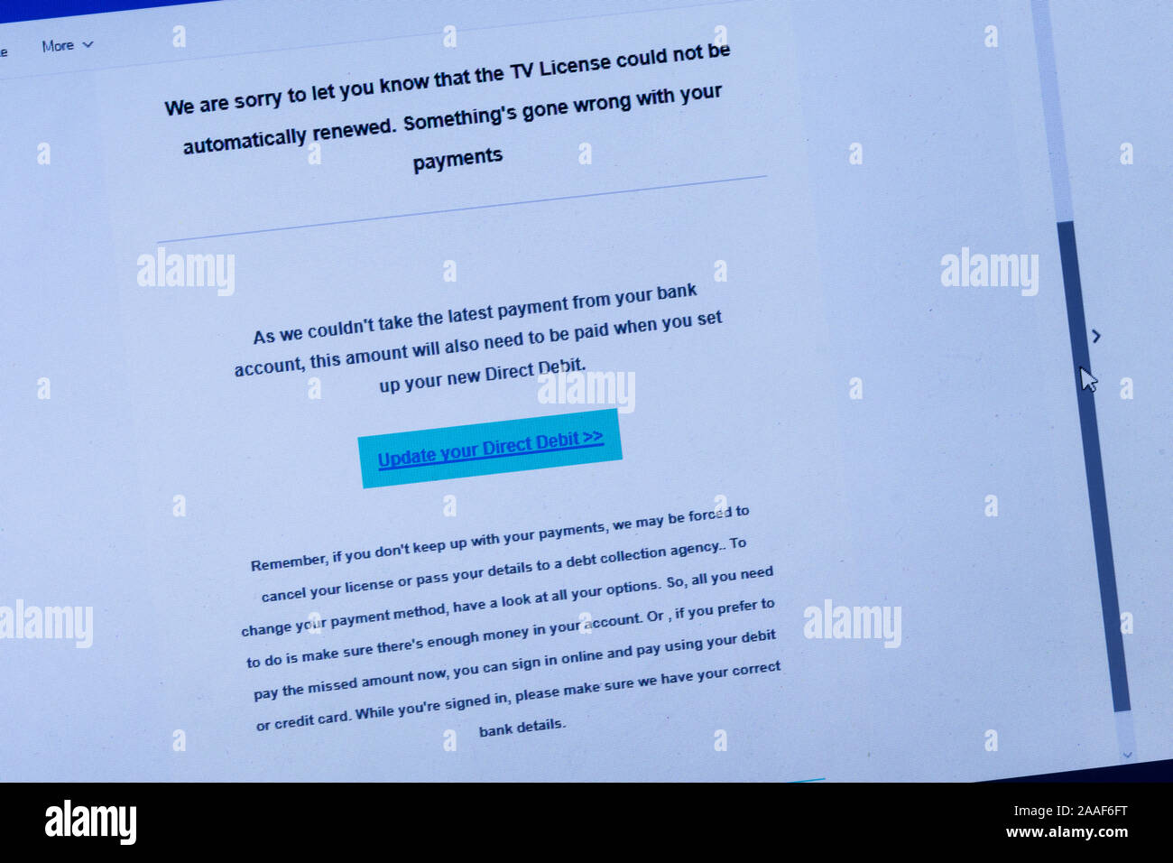 E-mail di phishing - sostenendo che la licenza TV potrebbe non essere rinnovato, per chiedere dettagli bancari, minacciando di esattori Foto Stock