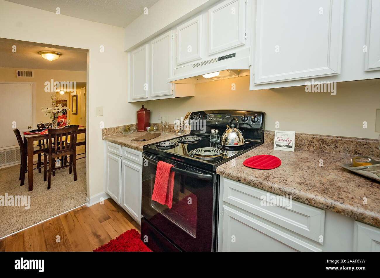 La cucina e la sala da pranzo sono illustrati al Four Seasons apartments in Mobile, Alabama. Il complesso di appartamenti è di proprietà e gestito da Sealy. Foto Stock