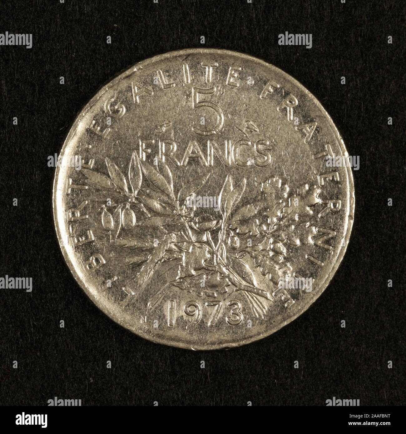 Vorderseite einer ehemaligen Französischen 5 Francs-Münze Foto Stock
