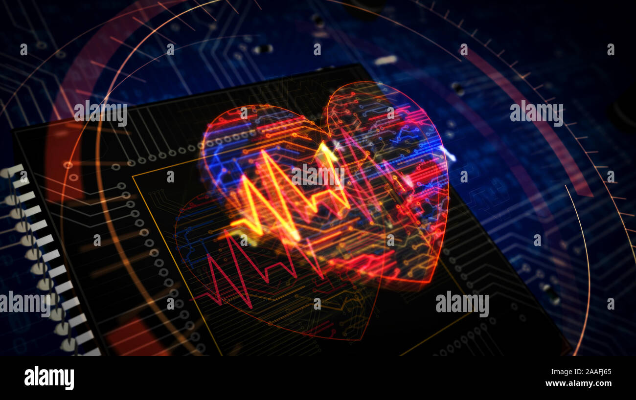 Cyber cuore futuristico di impulso 3D rendering illustrazione. Concetto di romanticismo, amore, salute medicina e avanzata tecnologia cibernetica. Digita astratto Foto Stock