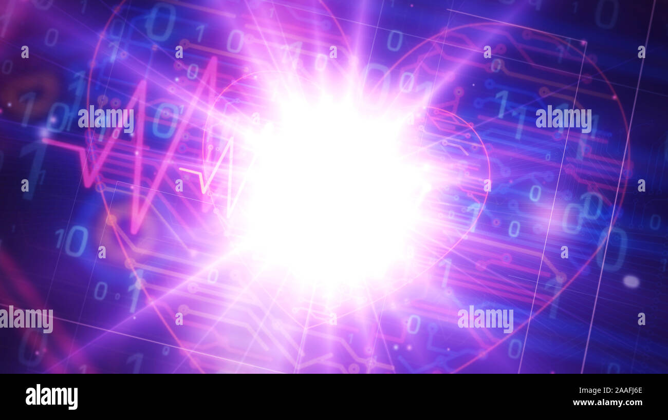 Cyber cuore futuristico di impulso 3D rendering illustrazione. Concetto di romanticismo, amore, salute medicina e avanzata tecnologia cibernetica. Luce astratta Foto Stock