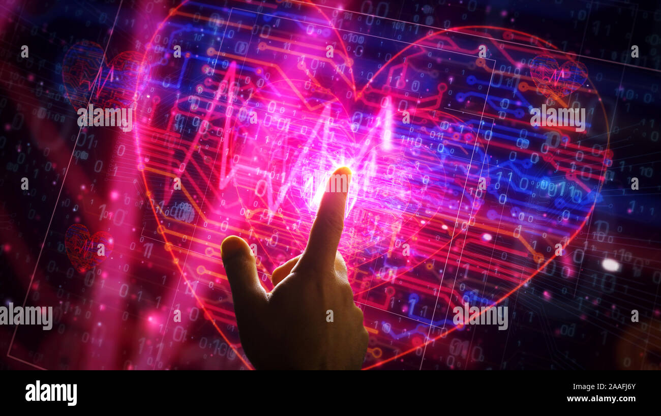 Cyber cuore futuristico di impulso 3D rendering illustrazione. Abstract concetto digitale di romanticismo, amore, salute medicina e avanzata tecnologia cibernetica Foto Stock
