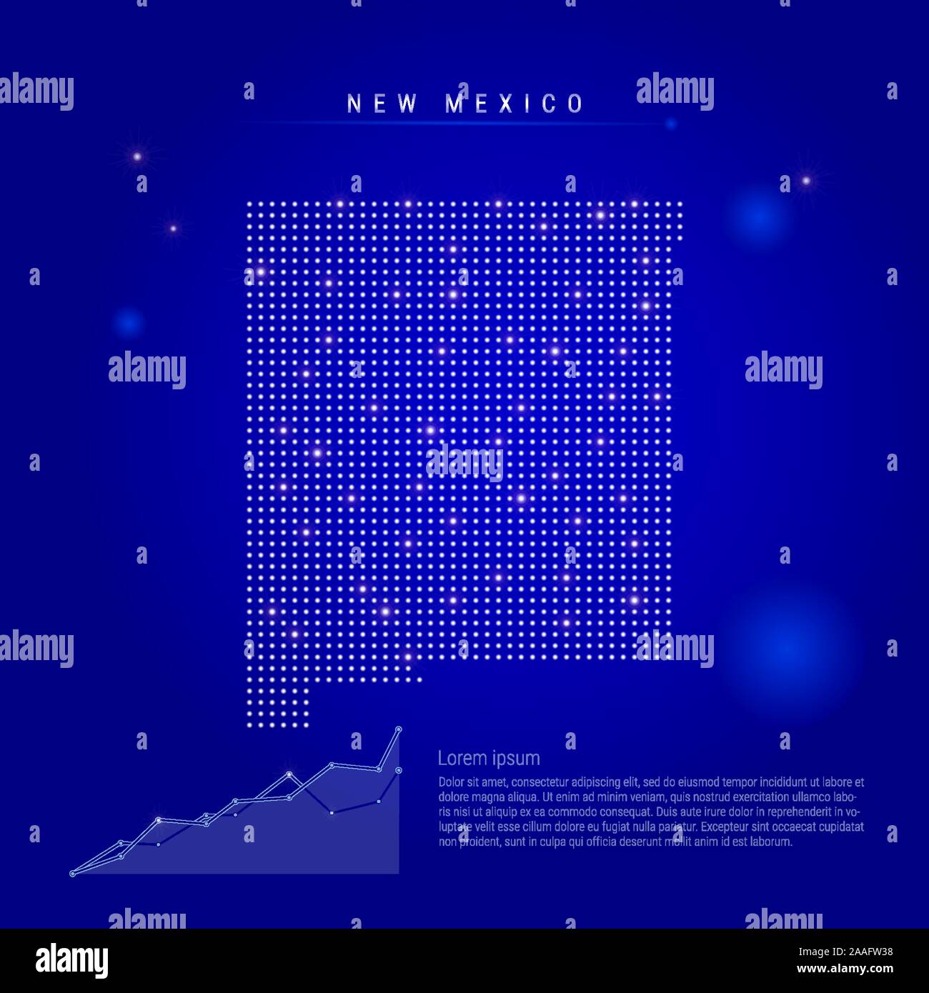 Nuovo Messico stato Usa mappa illuminato con puntini luminosi. Elementi Infographics. Blu scuro dello sfondo dello spazio. Illustrazione Vettoriale. Diagramma di crescente, lorem ip Illustrazione Vettoriale