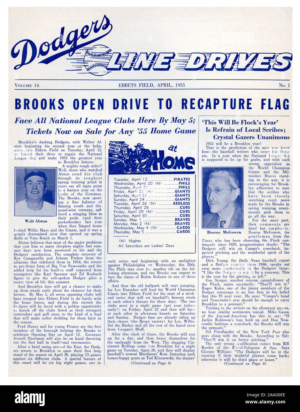 Aprile 1955 edizione dei Dodgers unità di linea che è stata la newsletter per la Brooklyn Dodgers per comunicare con i loro fan negli anni quaranta e anni cinquanta. Foto Stock