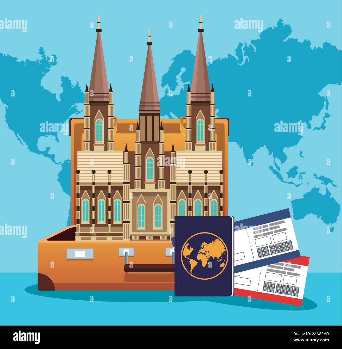 Valigia con mondo iconico Edificio e passaporto con passboards Illustrazione Vettoriale