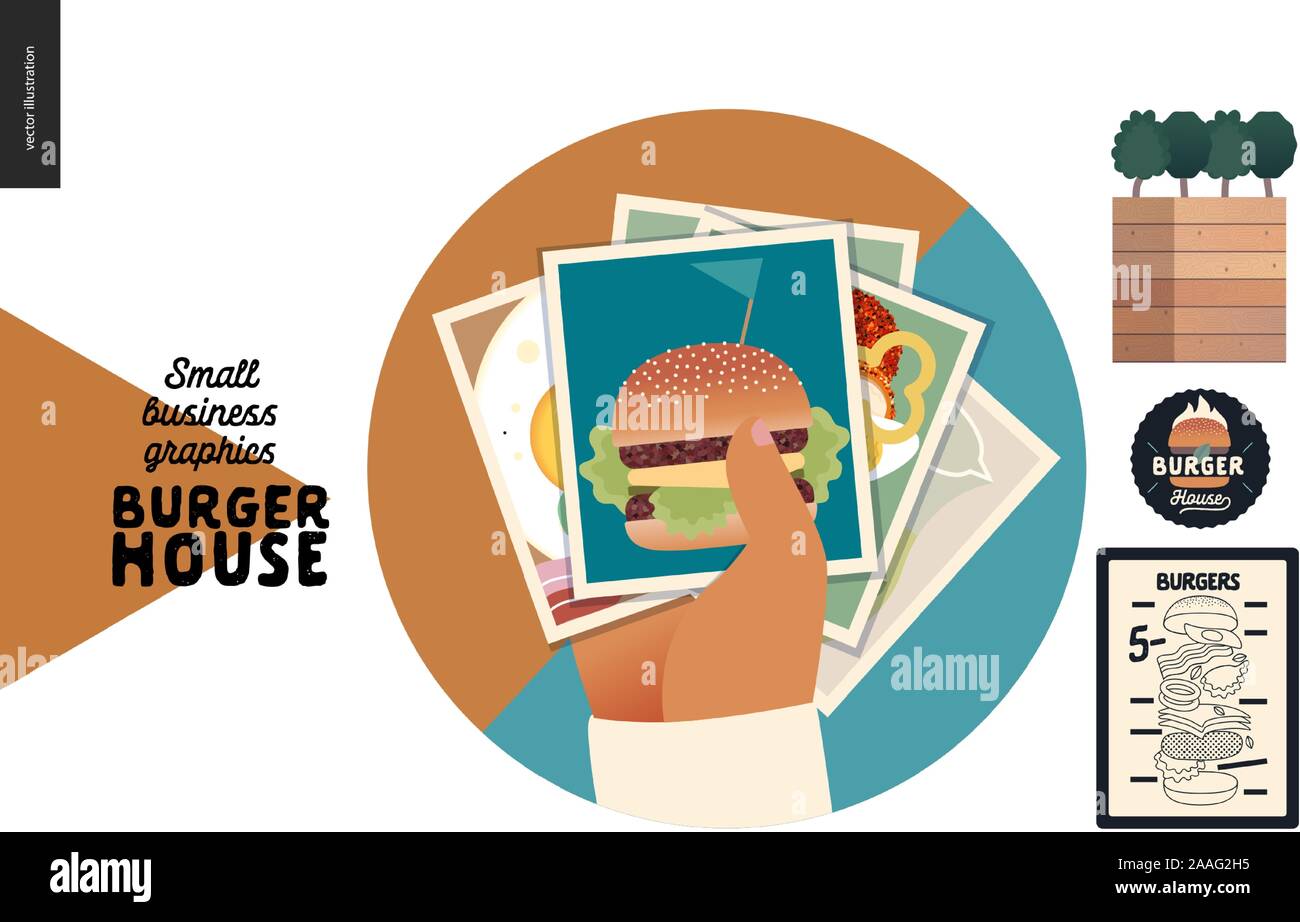 Burger House - small business graphics - icona Galleria - appartamento moderno concetto vettoriale illustrazioni : badge web con foto di cibo in mano, menu poster, l Illustrazione Vettoriale
