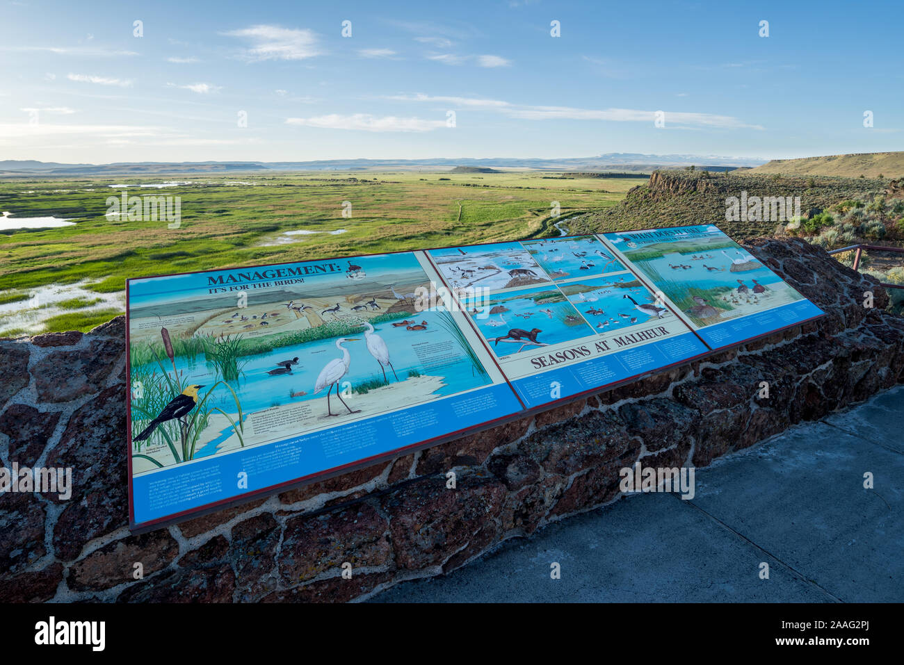 Segno interpretative, Buena Vista si affacciano, Malheur National Wildlife Refuge, Oregon. Foto Stock