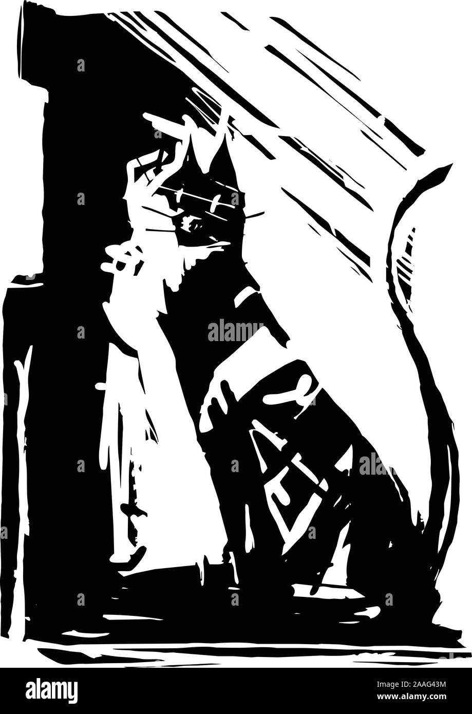 Xilografia stile espressionistico gatto nero con patch di pelliccia bianca Illustrazione Vettoriale