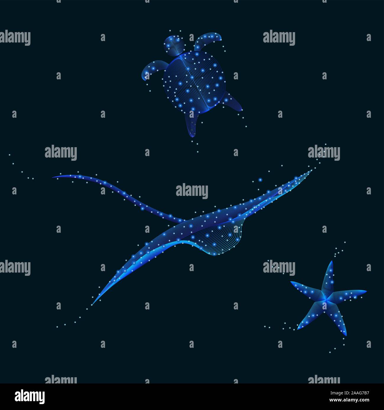 Abstract Manta Ray Turtle Starfish nuoto sott'acqua con bolle e galaxy stelle - contiene miscele Illustrazione Vettoriale