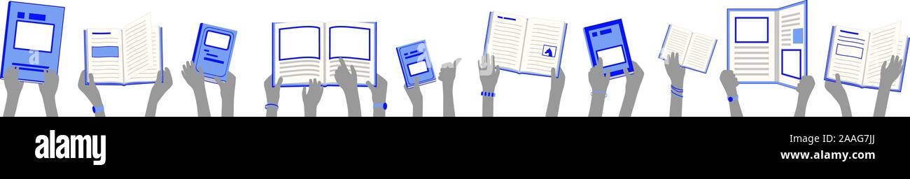 Banner di bambini delle scuole di contenimento e leggere i libri della biblioteca in mani - colorate in blu Illustrazione Vettoriale