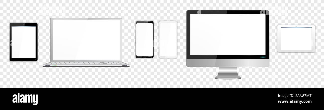 Realistica dettagliata mobile computer e periferiche con il computer portatile, lo schermo del monitor, tablet pc mini tablet e smartphone, singolarmente a ciascun dispositivo raggruppati e o Illustrazione Vettoriale