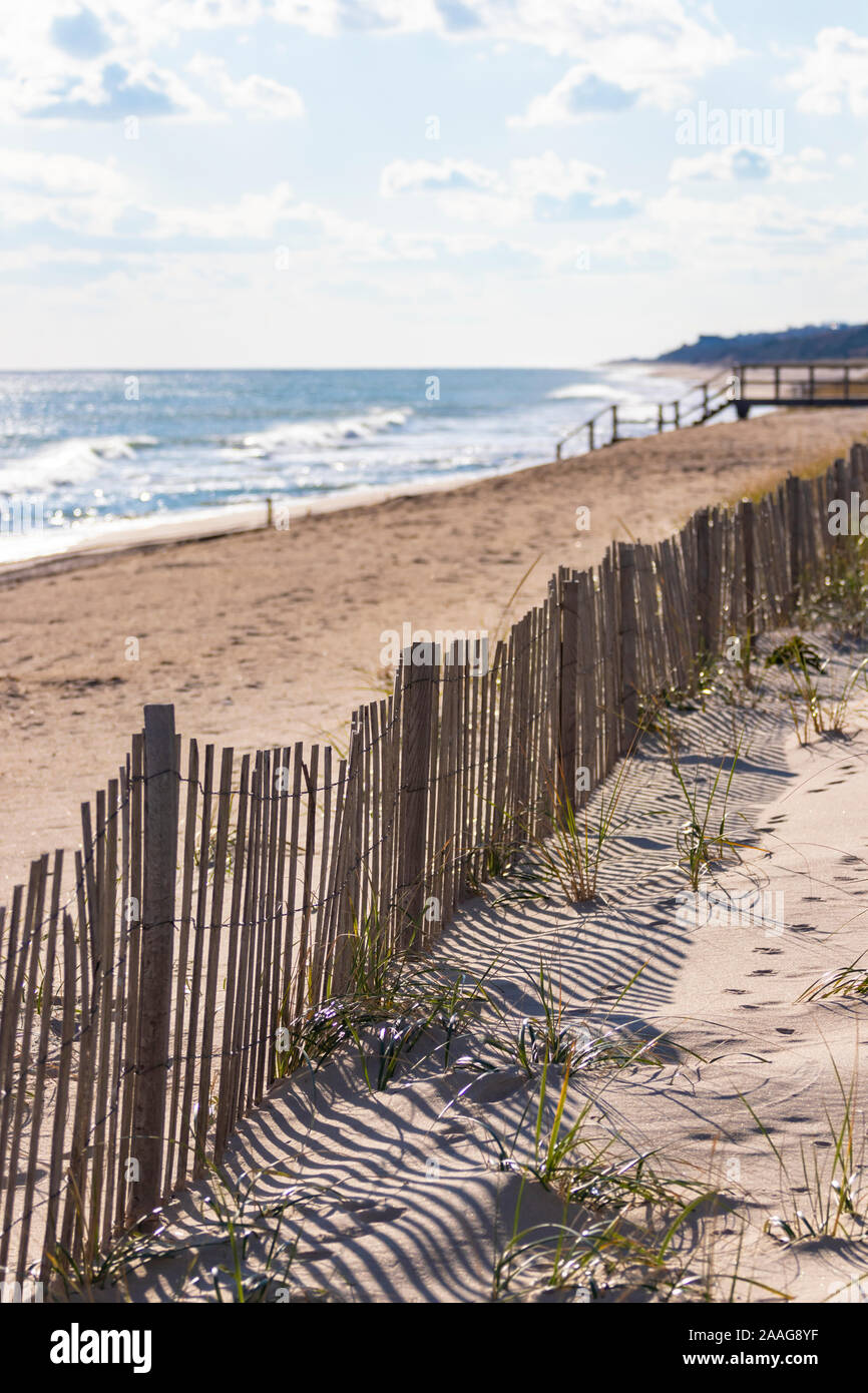 Recinzioni protettive lungo le dune di sabbia del settore pubblico/privato spiaggia all'oceano Foto Stock
