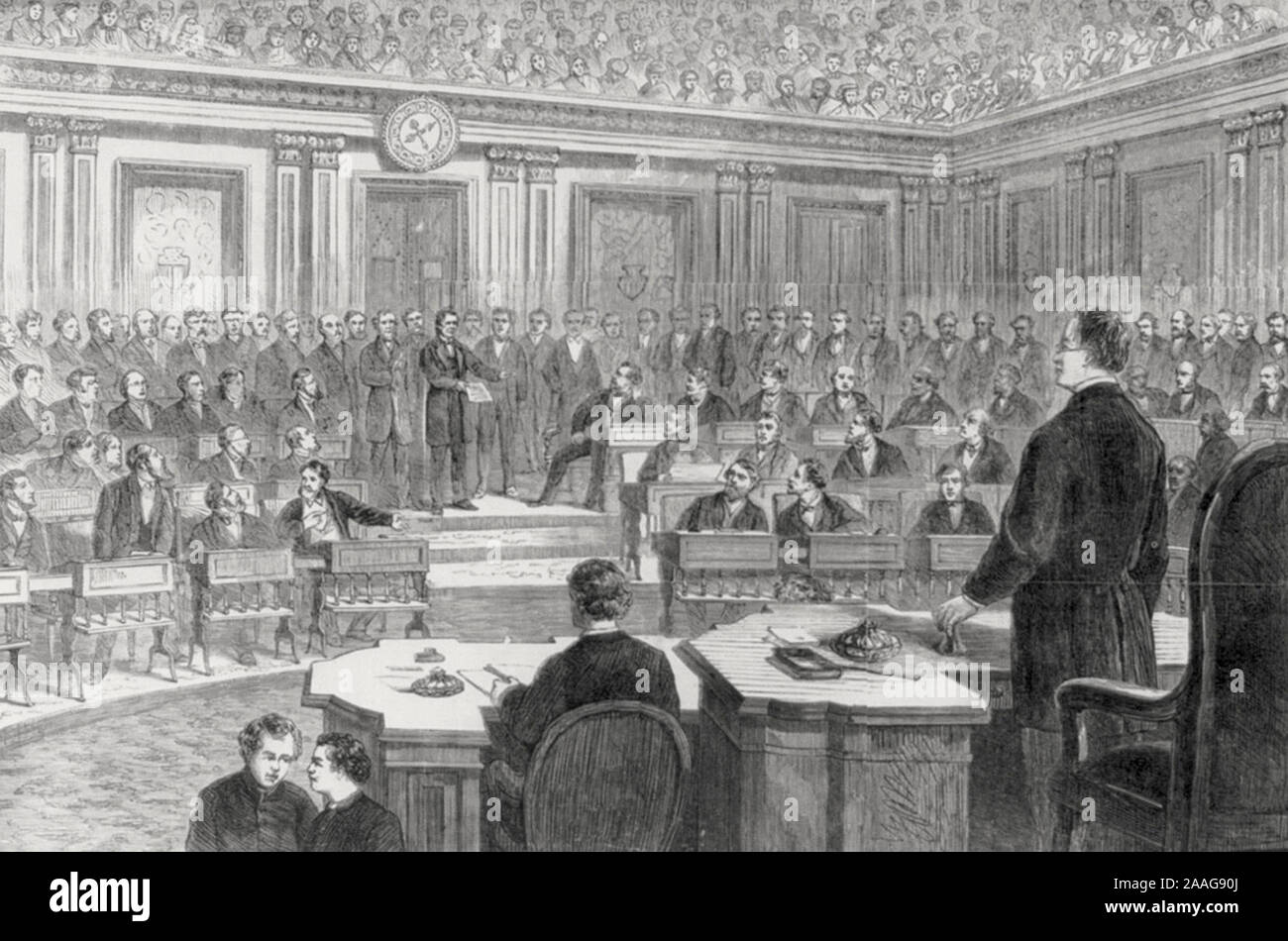 Diffida di impeachment del Andrew Johnson, dal Comitato della casa, Thaddeus Stevens e John A. Bingham, presso il bar del Senato, Washington D.C., il 25 febbraio 1868 Foto Stock
