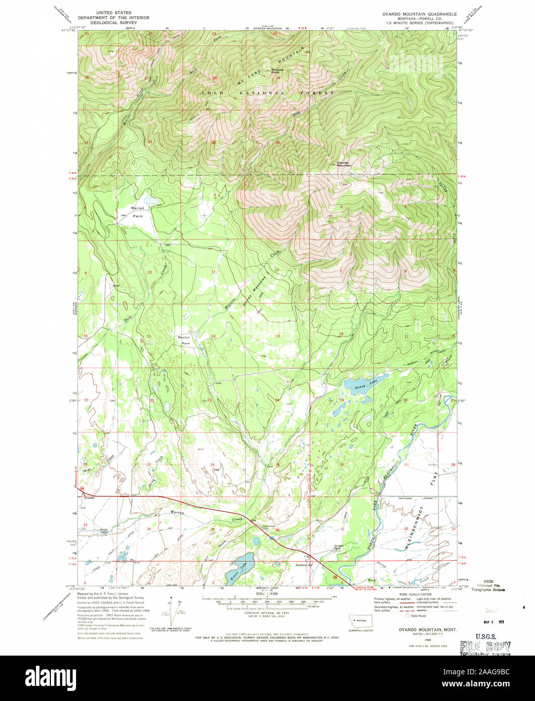 USGS TOPO Map Montana MT Ovando Mountain 265884 1968 24000 Restauro Foto Stock