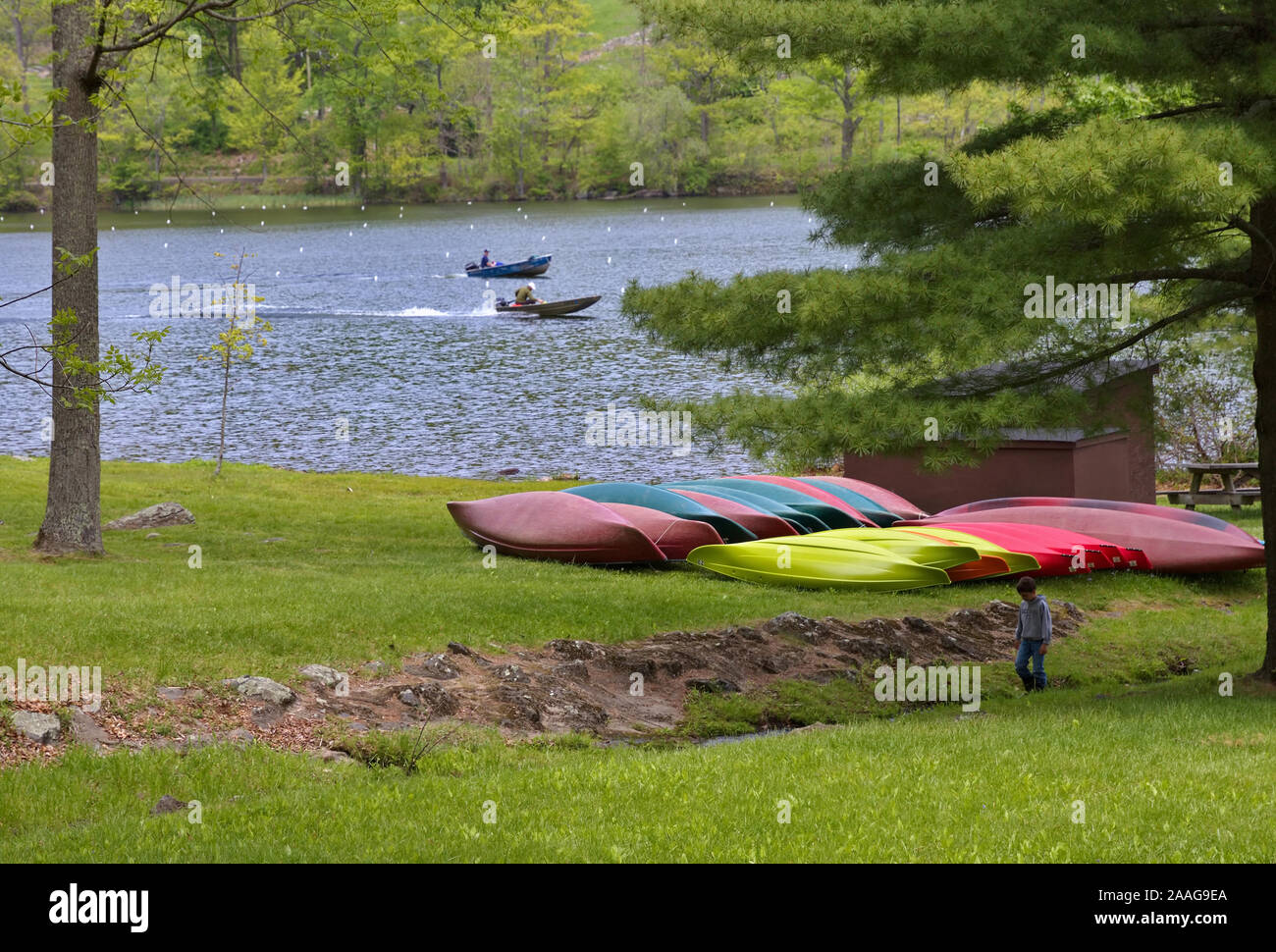 Nuovo Preston, CT, Stati Uniti d'America. Maggio 2016. Barche rivoltate e schierate per stoccaggio a lago Waramaug. Foto Stock