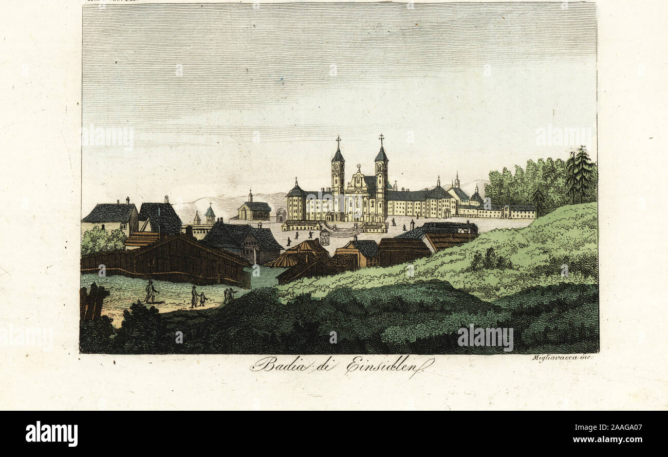 La medievale Abbazia benedettina di Einsiedeln, Svizzera. Badia di Einsedlen. Handcolored incisione su rame da Migliavacca da Giulio Ferrario costumi dell Antico e Moderno di tutti i popoli del mondo, il costume antico e moderno, Firenze, 1837. Foto Stock