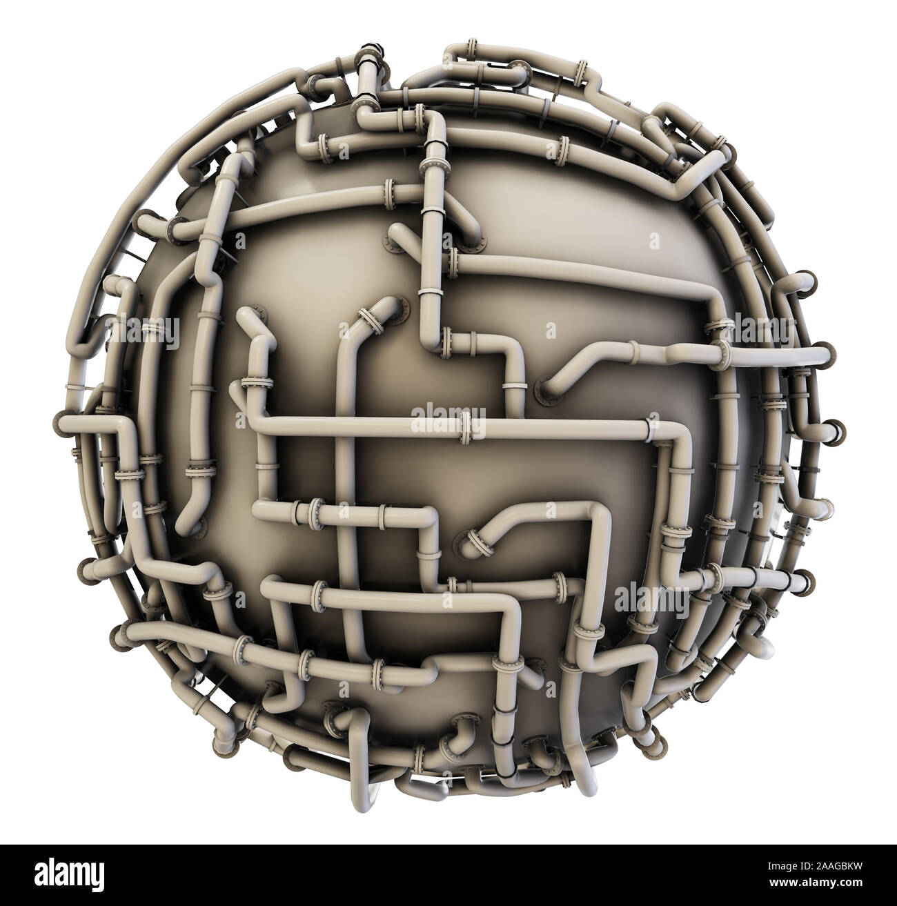 La sfera bianca è avvolto in una pipeline. 3D'illustrazione. Concetto di settore - Pipeline in tutto il mondo Foto Stock