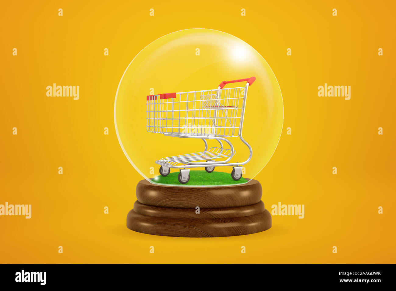 3D rendering di vuoto carrello per supermercati all'interno della sfera di vetro globe su sfondo di colore ambra. Cestello dei consumatori. Andare a fare shopping. Mondo consumer. Foto Stock