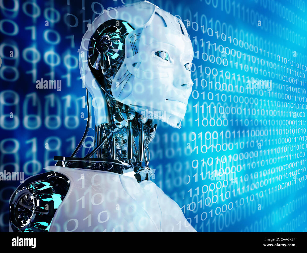 La tecnologia robot androide donna sfondo con un cyborg sci-fi girl 3D Rendering wallpaper Foto Stock