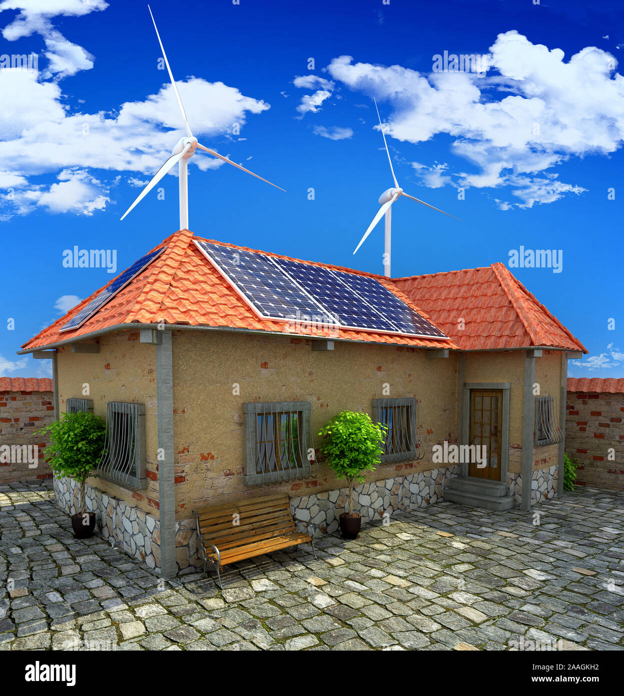 Home energia solare - Energie rinnovabili concetto - impianto solare per la casa - 3D render Foto Stock