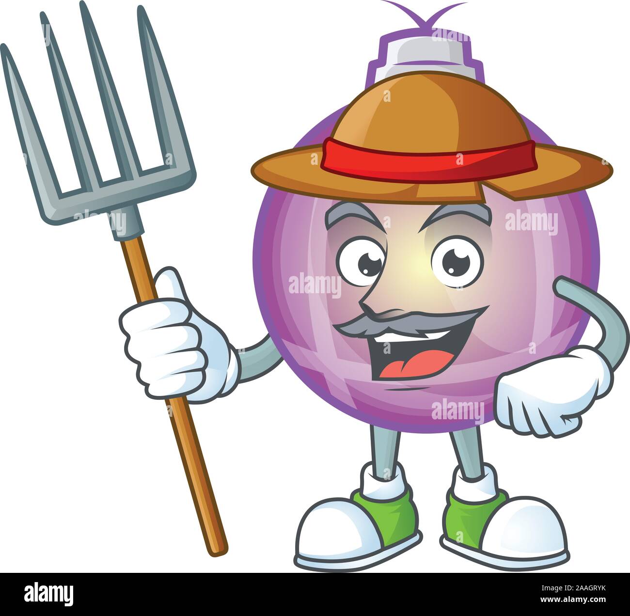 Giallo palla di Natale come agricoltore personaggio dei fumetti con hat e strumenti Illustrazione Vettoriale