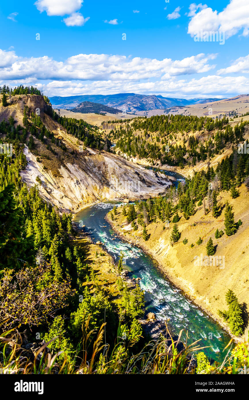 Vista da calcite si affacciano le molle del fiume di Yellowstone. Alla estremità a valle del Grand Canyon di Yellowstone a Yellowstone Wyoming USA Foto Stock