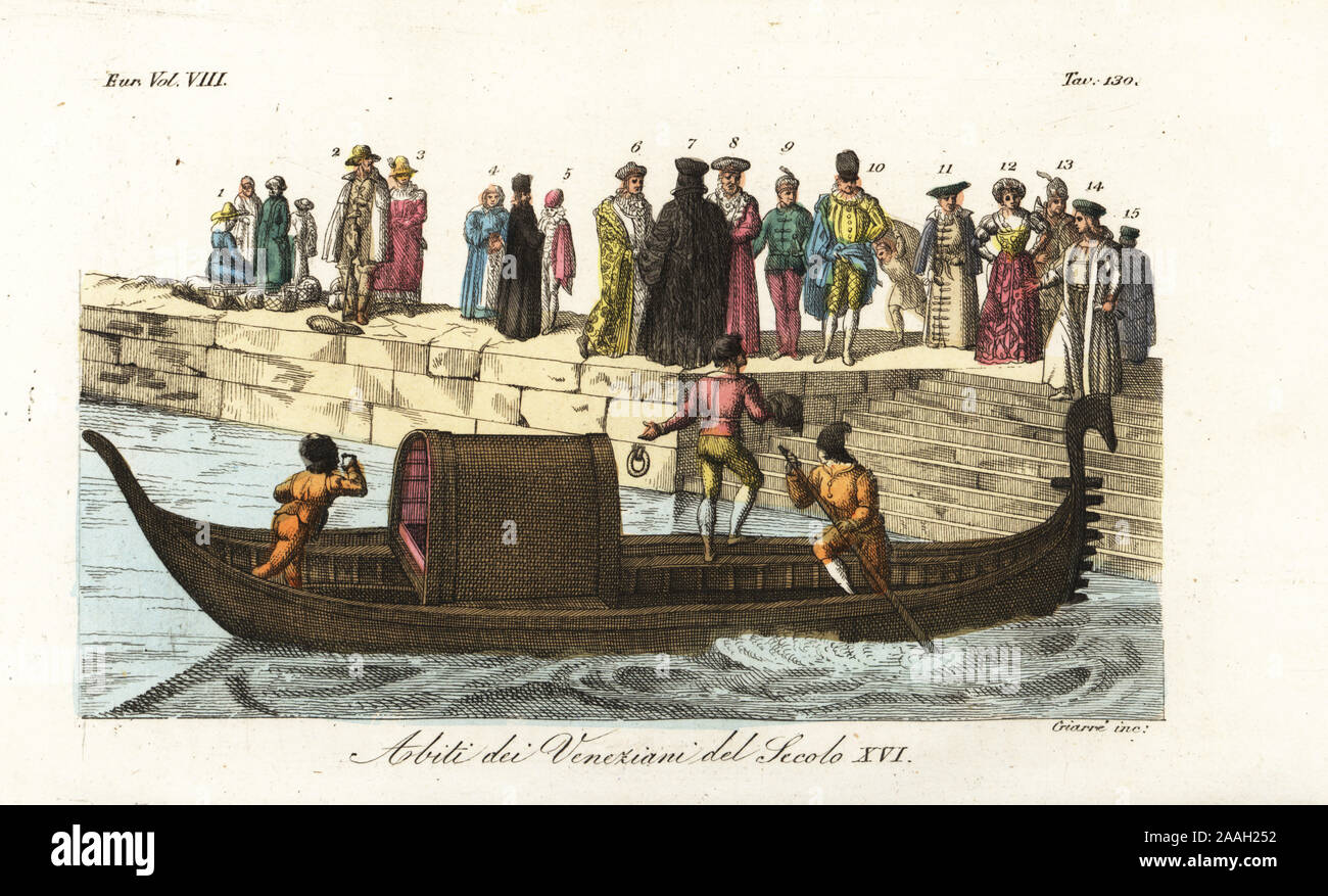 Una gondola veneziana con gondolieri che arrivano a canal fasi in cui molti nobili e donne attendere sul quay, Venezia, del XVI secolo. Abiti dei Venetiani del Sicolo XVI. Handcolored incisione su rame di Pietro Giarre da Giulio Ferrario costumi dell Antico e Moderno di tutti i popoli del mondo, il costume antico e moderno, Firenze, 1837. Foto Stock