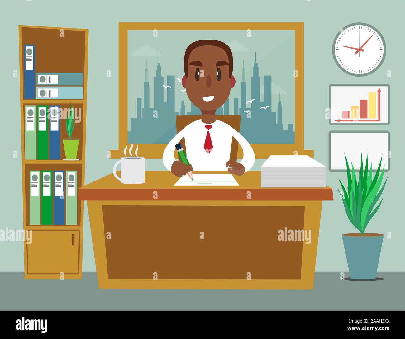 Un nero americano africano di persone in viaggio di affari o di lavoro addetto a una scrivania in ufficio. Appartamento illustrazione vettoriale Illustrazione Vettoriale