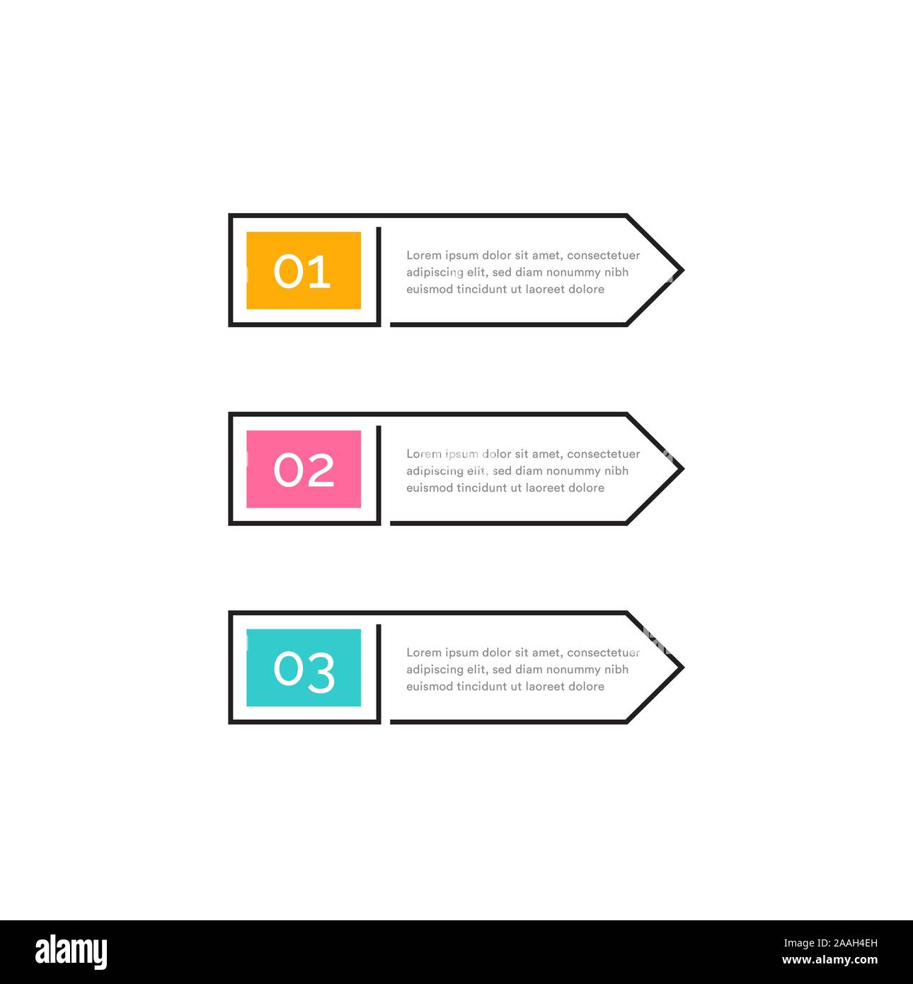 Tre passaggi, il colore dei pulsanti con i numeri 1, 2, 3 e Testo in cornice di contorno. Frecce verso destra. Infografico elemento di design, illustrazione vettoriale. Illustrazione Vettoriale