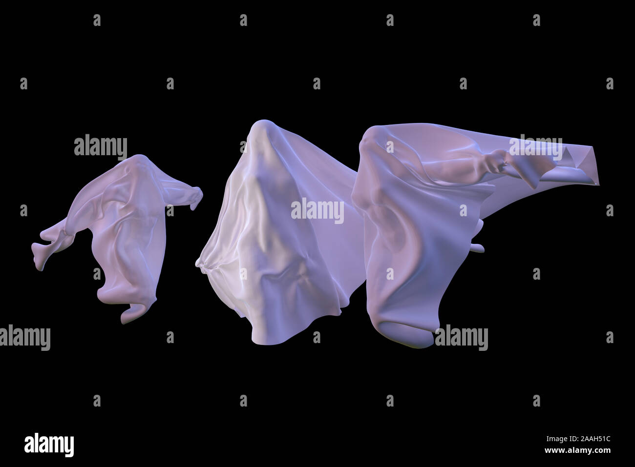 Gruppo di 3 battenti fantasmi bianchi figure femminili coperto con un foglio di copertura su sfondo nero. Halloween 3d'illustrazione. Foto Stock