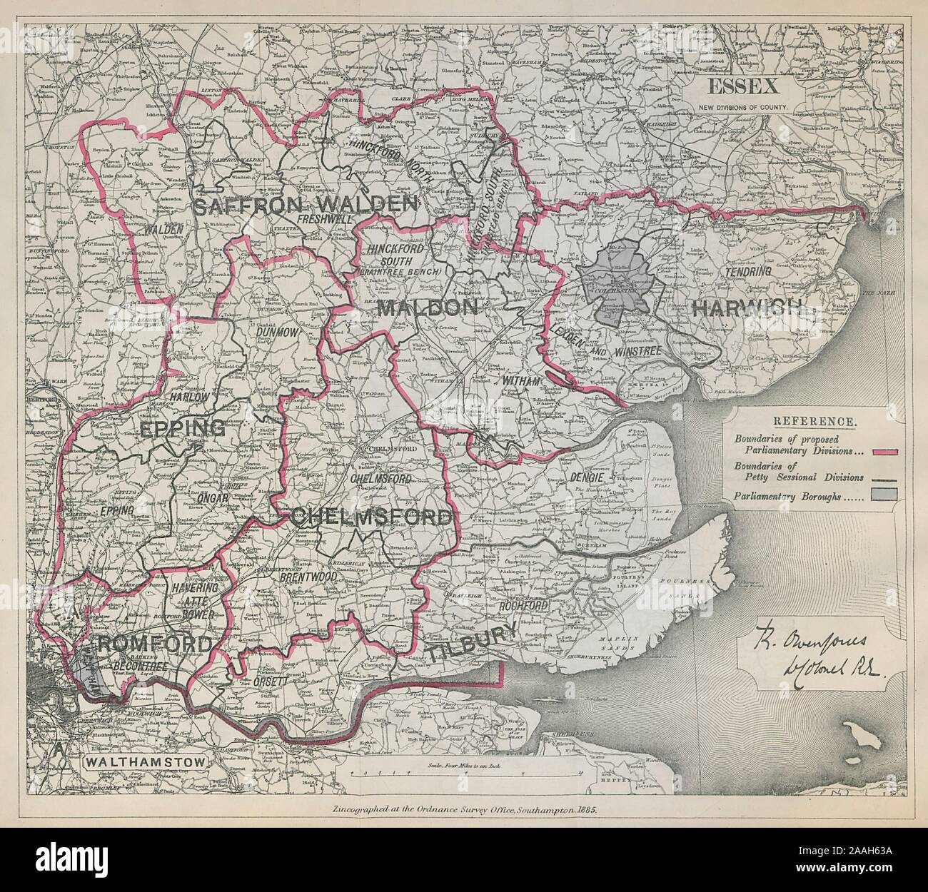 Essex divisioni parlamentare. Romford Epping. Commissione di confine 1885 mappa Foto Stock