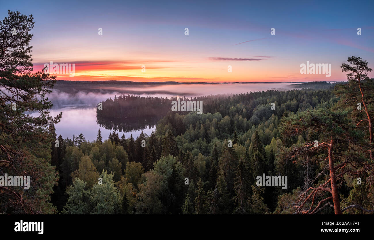 Paesaggio panoramico con lago, alba e nebbia a tranquilla mattinata nebbiosa in Aulanko, riserva naturale, Finlandia Foto Stock