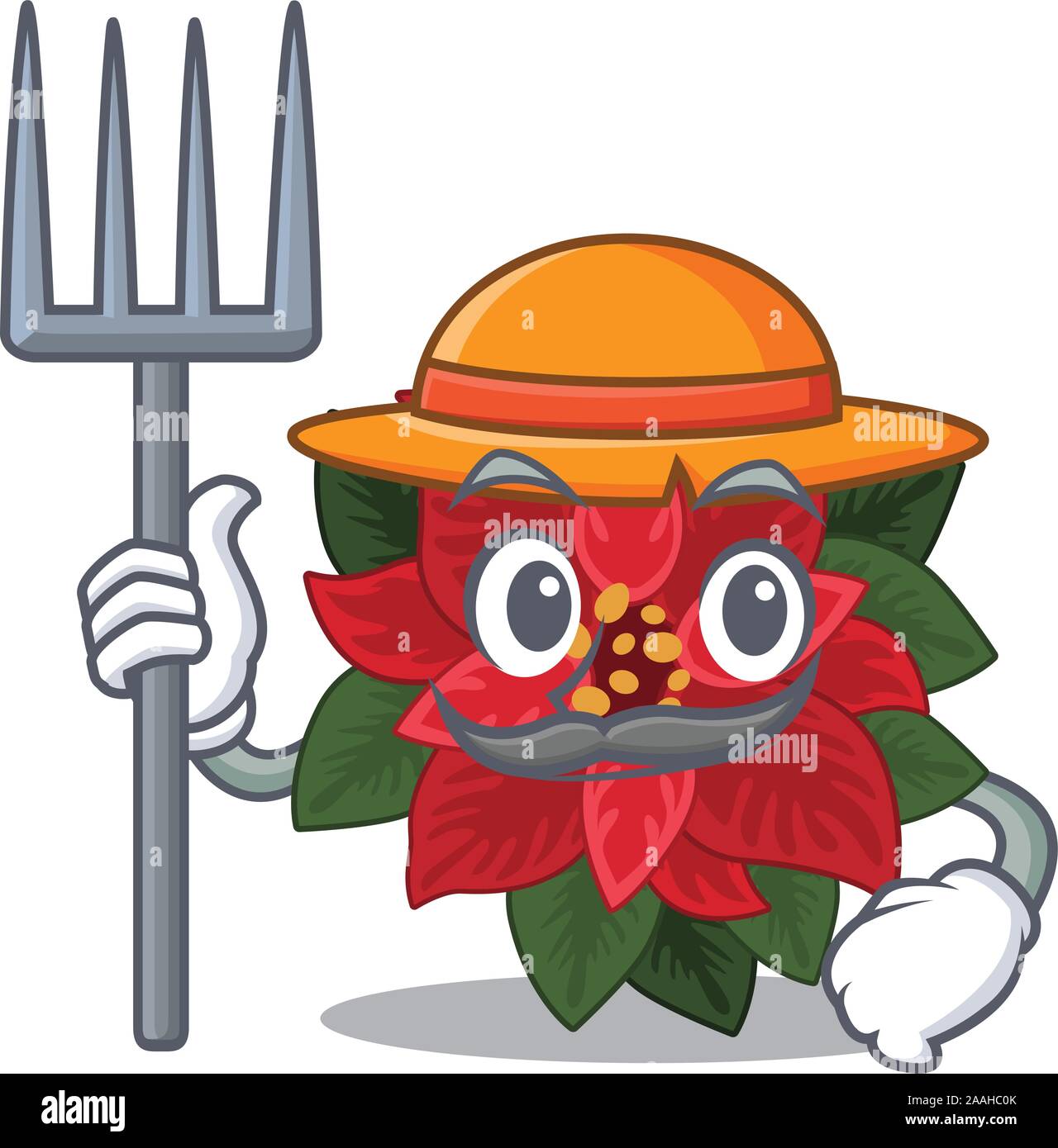 Fiore Poinsettia come agricoltore personaggio dei fumetti con hat e strumenti Illustrazione Vettoriale