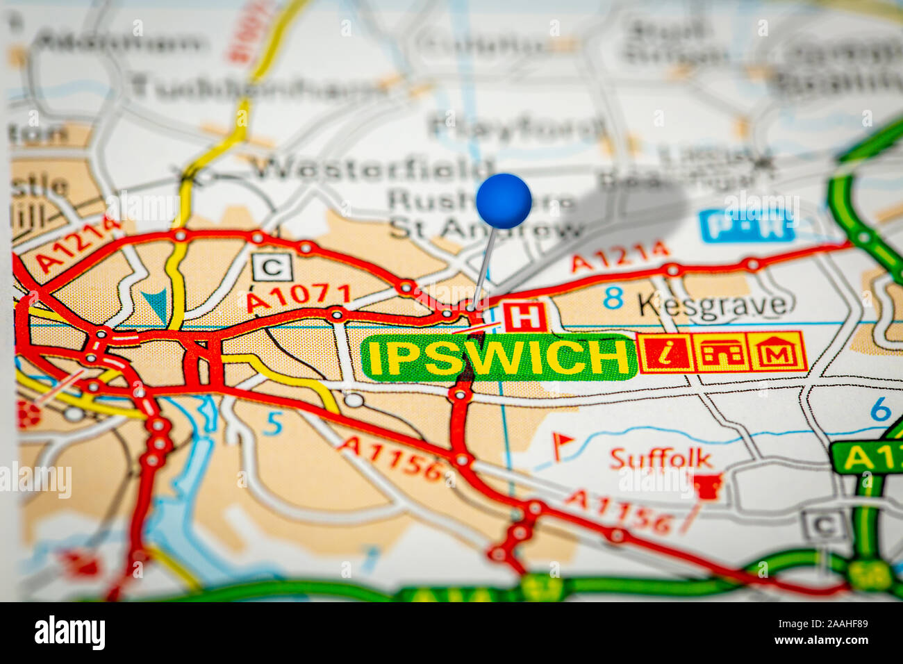 Mappa blu pin su carta che mostra Mappa Ipswich Foto Stock