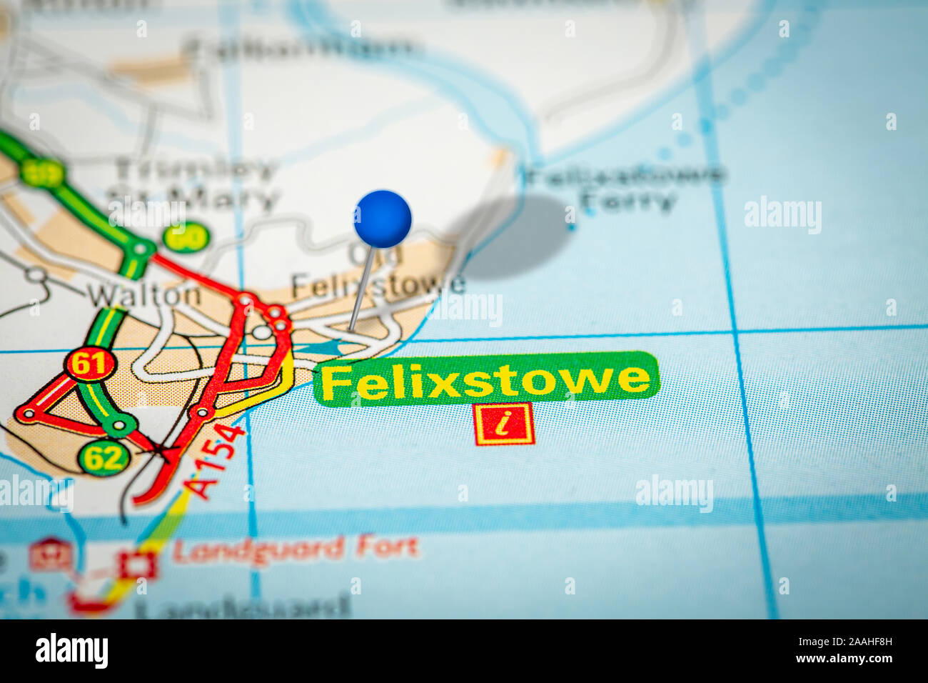 Mappa blu pin su carta mappa mostrando Felixstowe Foto Stock