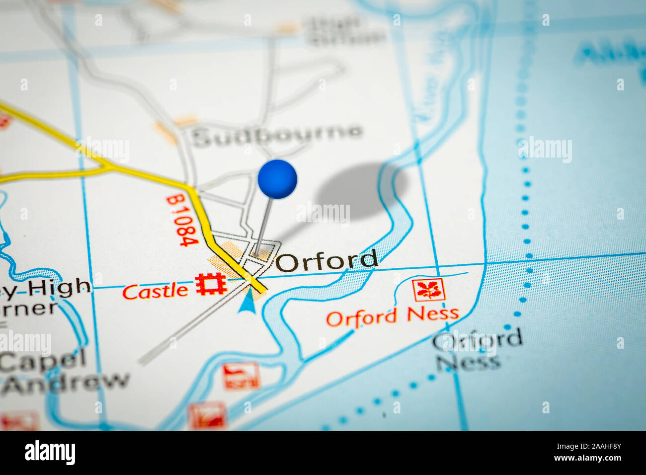 Mappa blu pin su carta mappa mostrando Orford Foto Stock
