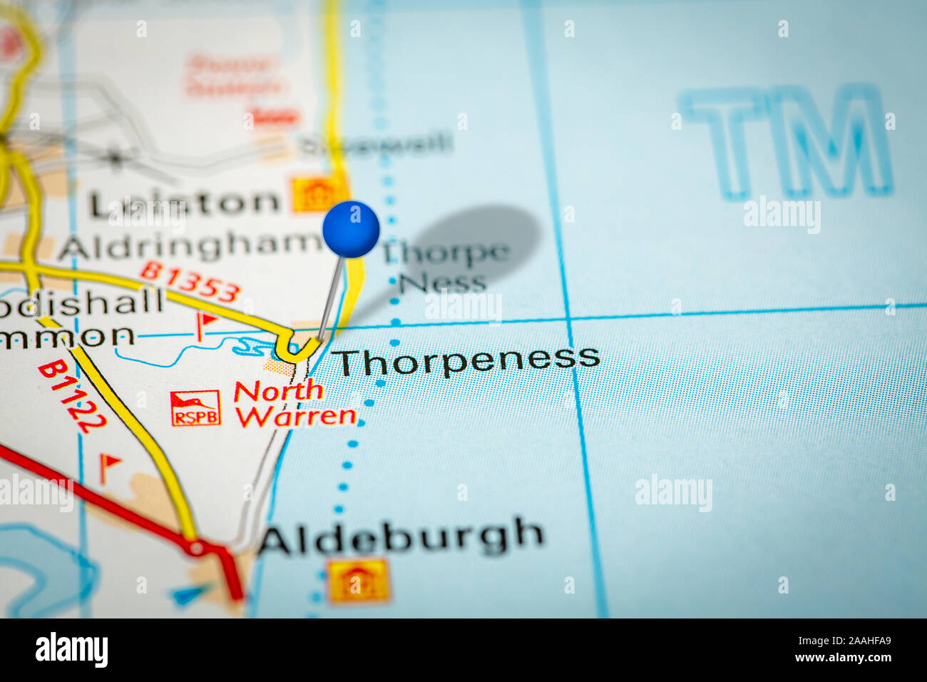 Mappa blu pin su carta mappa mostrando Thorpeness Foto Stock