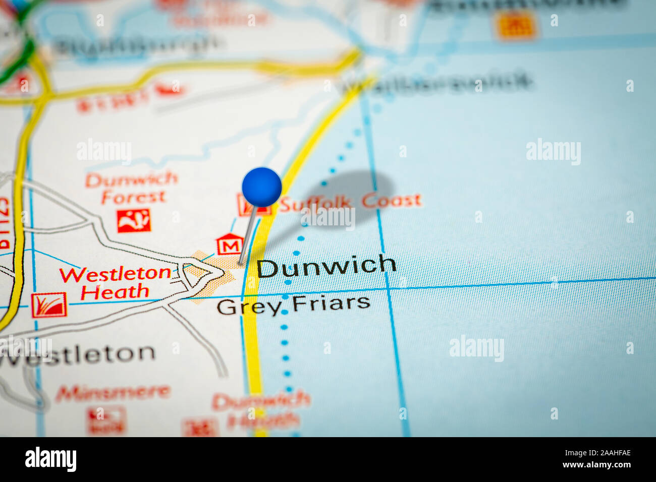 Mappa blu pin su carta mappa mostrando Dunwich Foto Stock