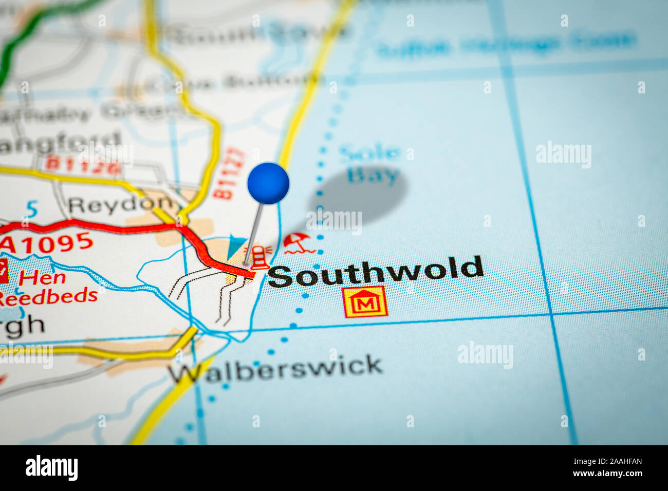 Mappa blu pin su carta mappa mostrando Southwold Foto Stock