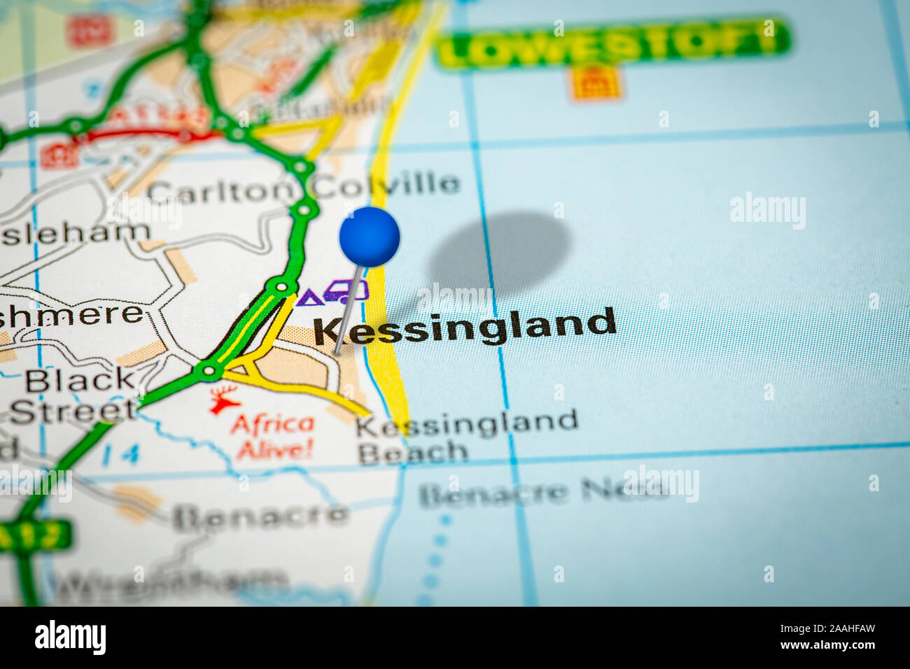 Mappa blu pin su carta mappa mostrando Kessingland Foto Stock