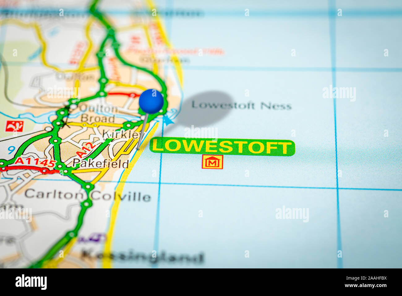 Mappa blu pin su carta mappa mostrando Lowestoft Foto Stock