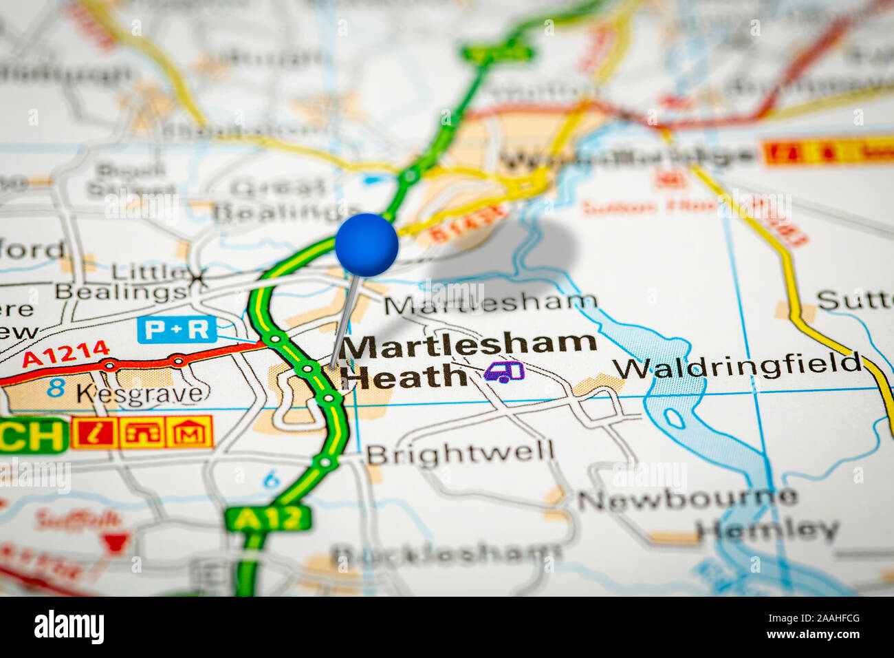 Mappa blu pin su carta mappa mostrando Martlesham Heath Foto Stock