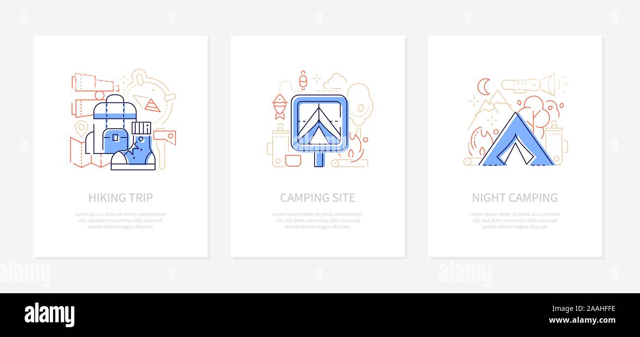 Turismo e Campeggio - linea uno stile di design banner Illustrazione Vettoriale