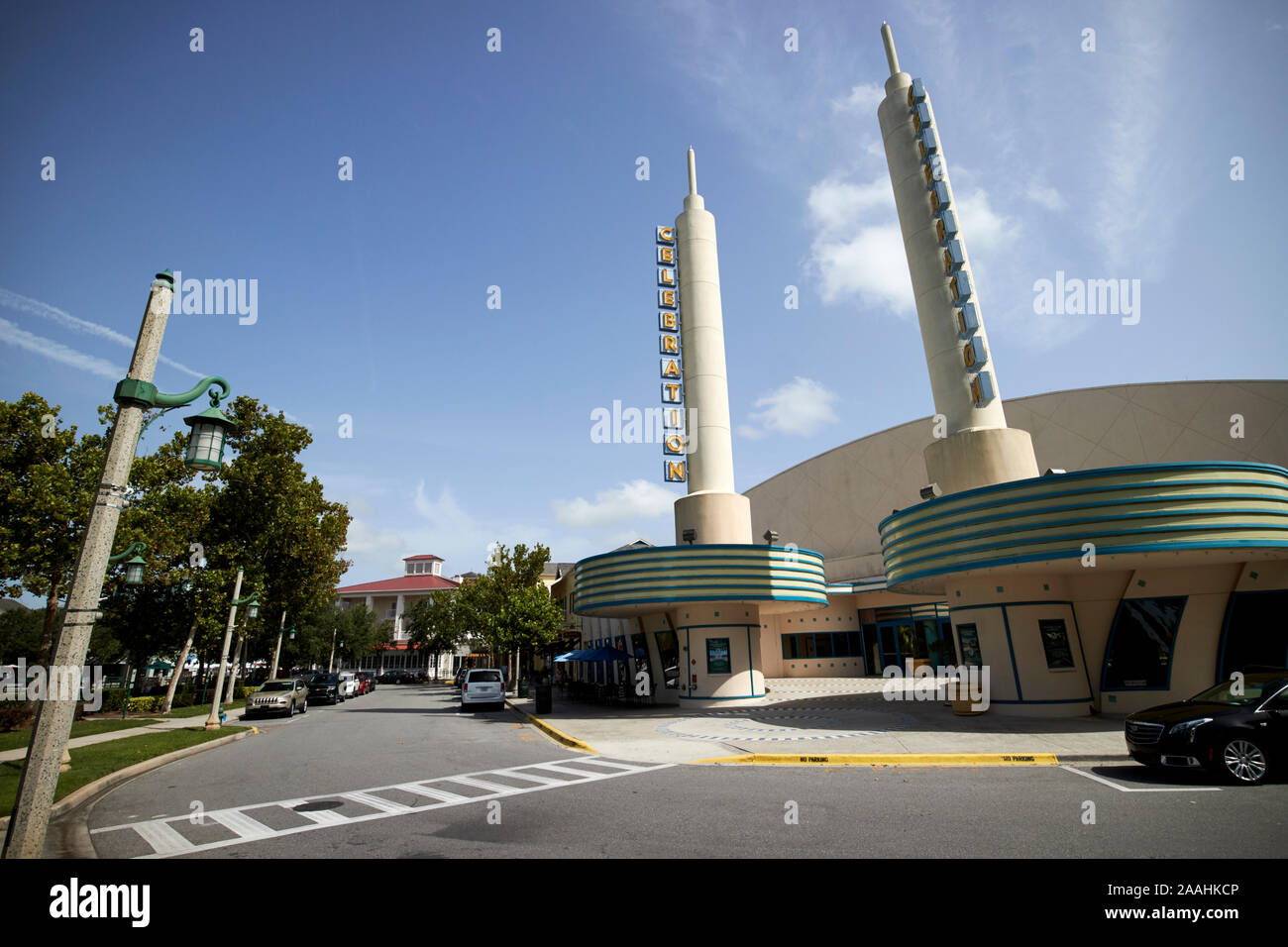 Googie cinema di stile da Cesar Pelli su Front Street celebrazione florida usa Foto Stock