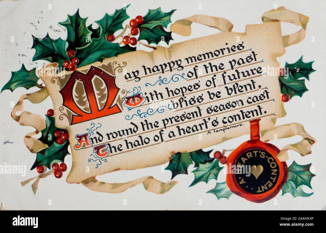 I migliori auguri di Buon Natale con un messaggio di testo sul imitato  pergamena con holly decorazione, Vintage Natale cartolina inviata ca 1910  in New York STATI UNITI D'AMERICA Foto stock -