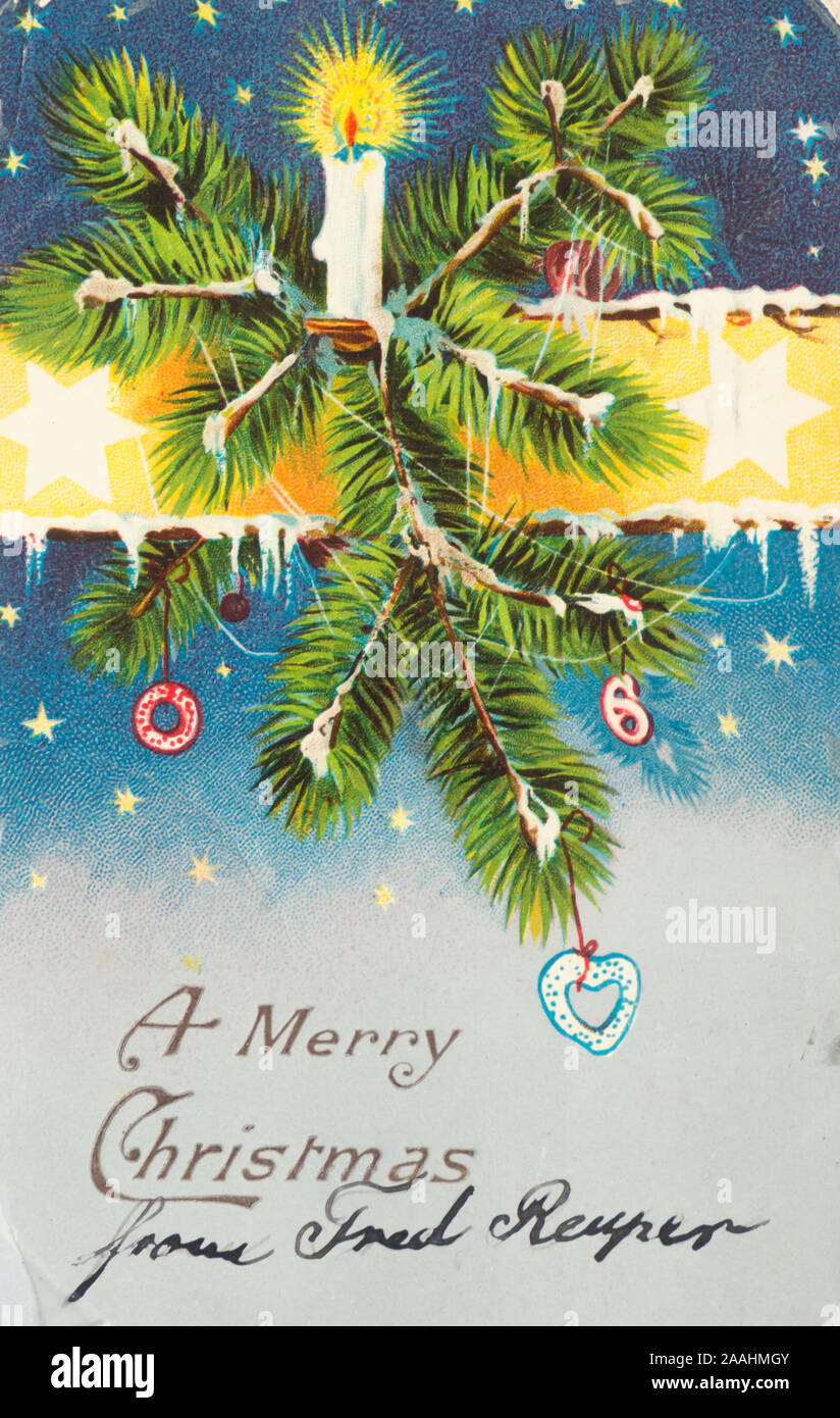Luci, un albero di Natale di diramazione e di una stella coperte sky, Vintage Natale cartolina inviata ca 1910 in New York STATI UNITI D'AMERICA Foto Stock